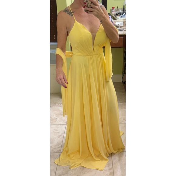 Abby Paris formal Gown 8 Butter Cup yellow Illusion plunging open back NWT $338 - Picture 5 of 15